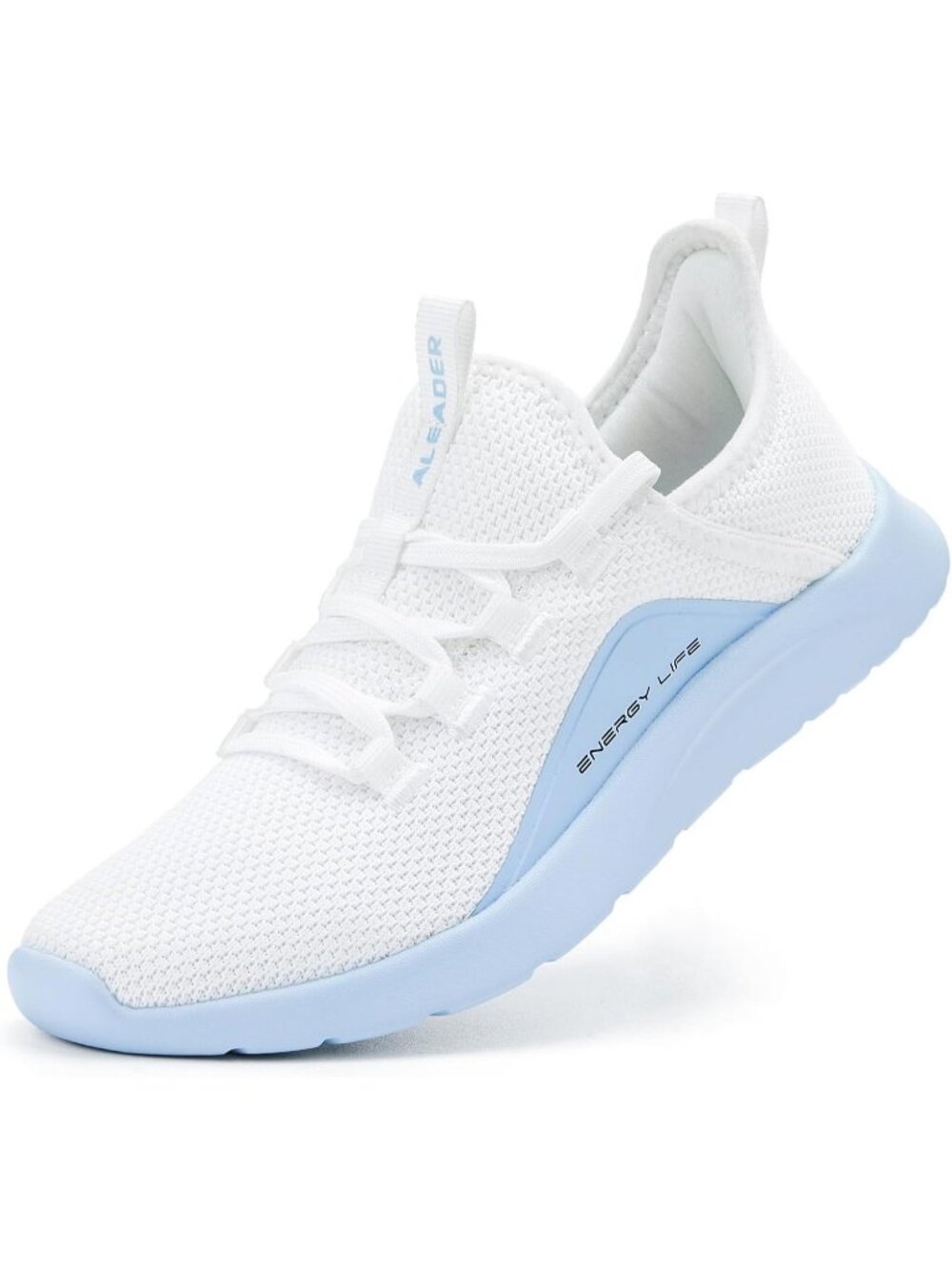 Womens White Blue Denim Lightweight Pull-On Round Toe Athletic Running Sneaker